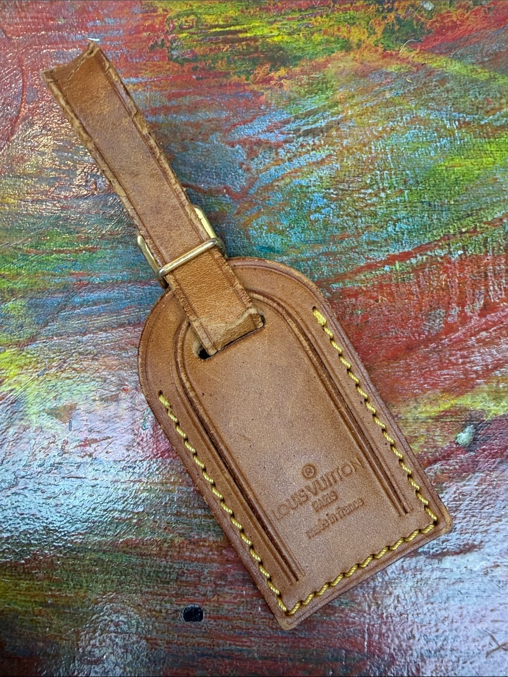 Louis Vuitton small size leather name tag bag brown gold tone metal buckle LV